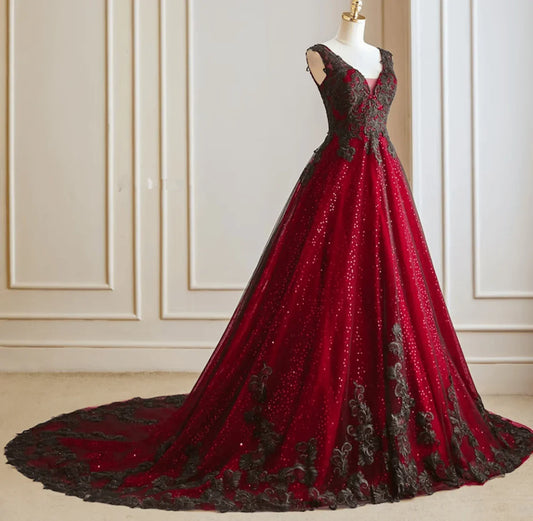 A-line Black and Red Tulle with Lace Party Dress, Black and Red Formal Dress TP1085