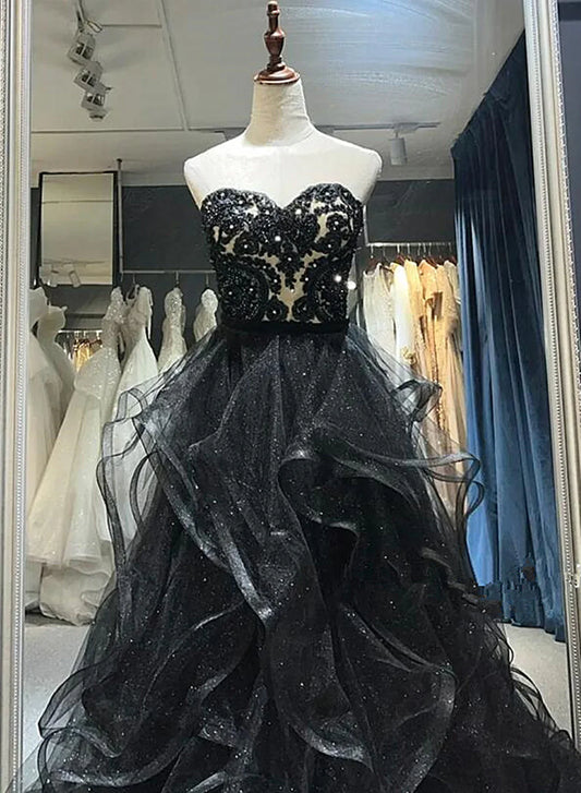A-line Black Sweetheart Tulle Layers Long Party Dress, Black Tulle Prom Dress TP1098