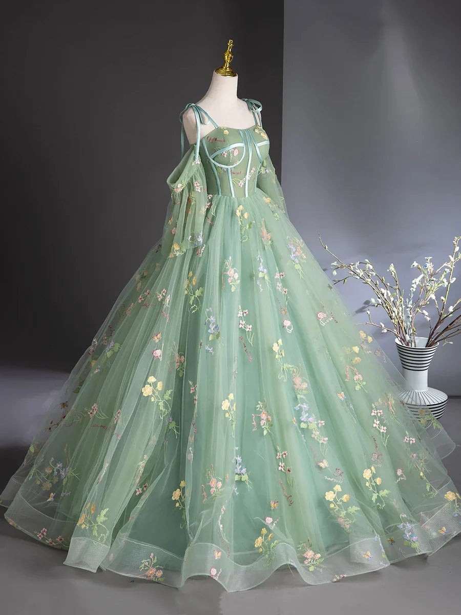 Green Floral Tulle Long Prom Dress, Beautiful A-Line Evening Formal Dress TP126