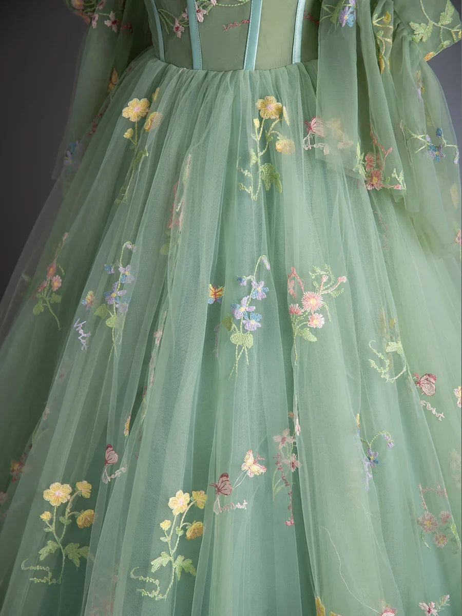 Green Floral Tulle Long Prom Dress, Beautiful A-Line Evening Formal Dress TP126