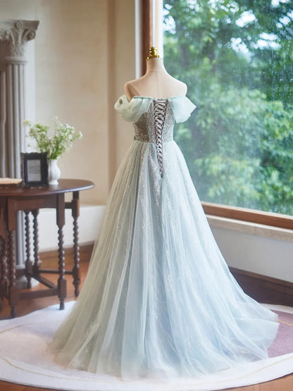 A-Line Green Floor Length Prom Dress, Beautiful Off the Shoulder Backless Evening Party Dress TP127