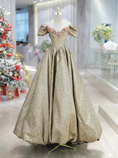 Gold Satin V-Neck Long Prom Dress with Flowers, Off the Shoulder A-Line Formal Dress TP163