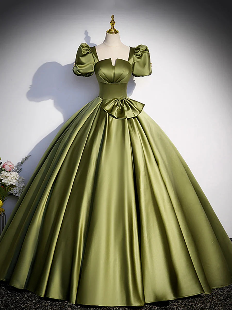 Green Satin Short Sleeve Floor Length Formal Dress, Green A-Line Prom Dress  TP310
