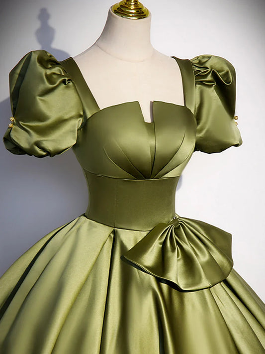 Green Satin Short Sleeve Floor Length Formal Dress, Green A-Line Prom Dress  TP310