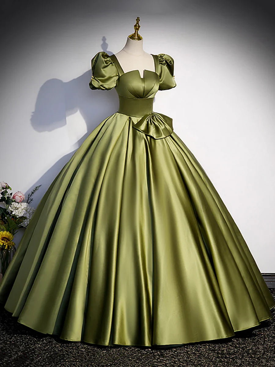 Green Satin Short Sleeve Floor Length Formal Dress, Green A-Line Prom Dress  TP310