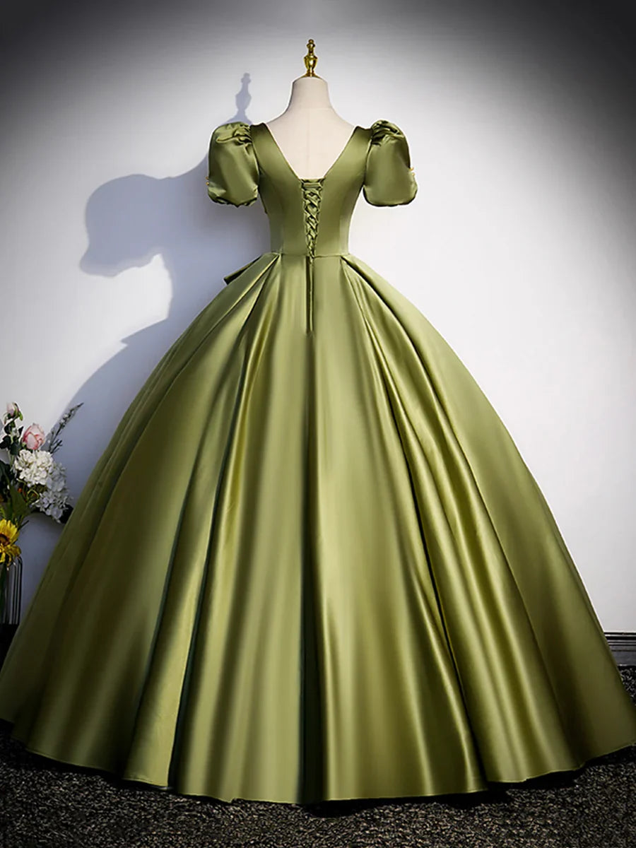 Green Satin Short Sleeve Floor Length Formal Dress, Green A-Line Prom Dress  TP310