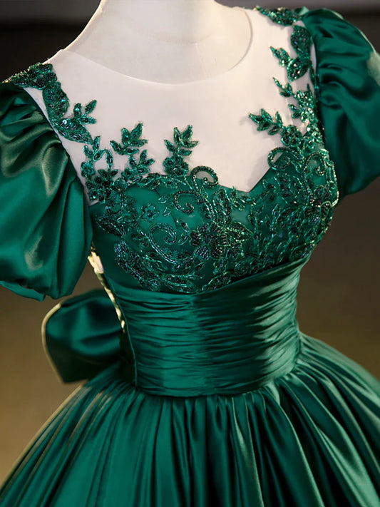 Green Satin Lace Floor Length Formal Dress, Short Sleeve A-Line Evening Dress  TP351