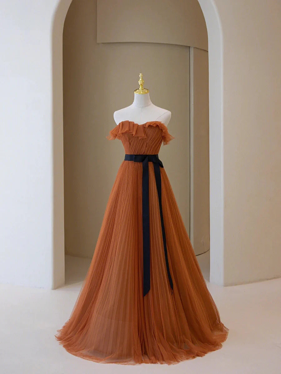 Simple A-Line Strapless Long Prom Dress, Beautiful Tulle Graduation Dress TP434