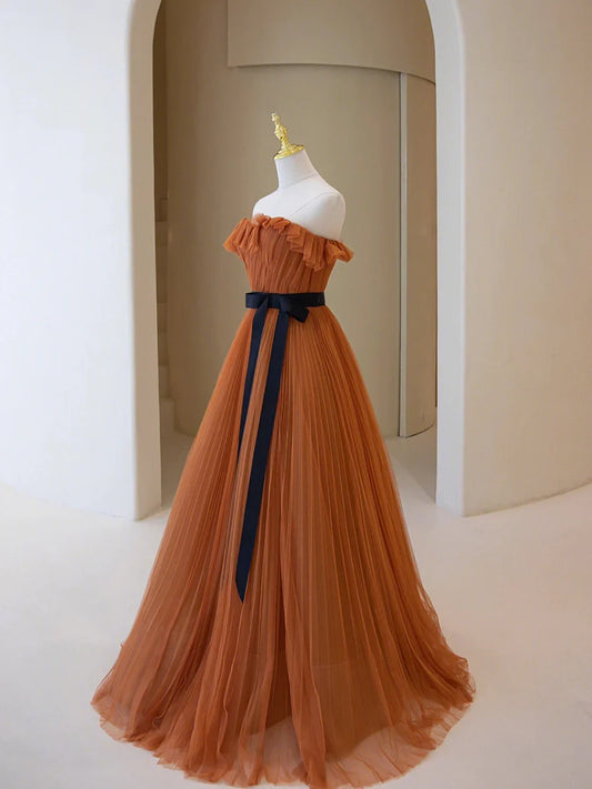 Simple A-Line Strapless Long Prom Dress, Beautiful Tulle Graduation Dress TP434