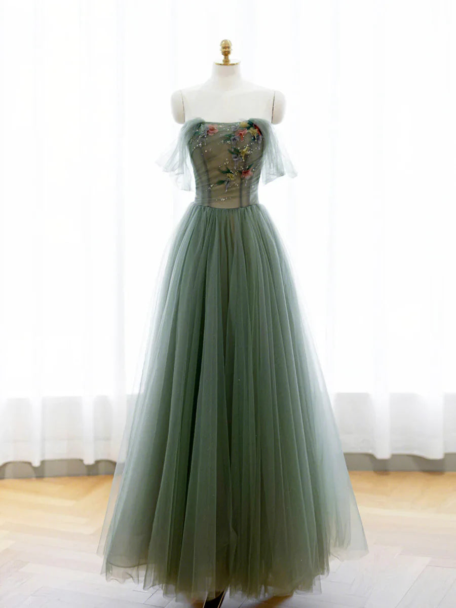 A-Line Green Tulle Long Prom Dress, Off the Shoulder Evening Party Dress TP443