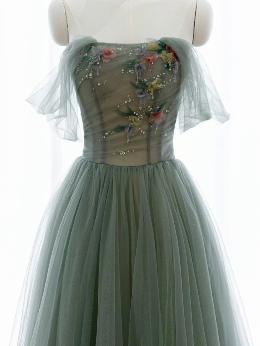 A-Line Green Tulle Long Prom Dress, Off the Shoulder Evening Party Dress TP443