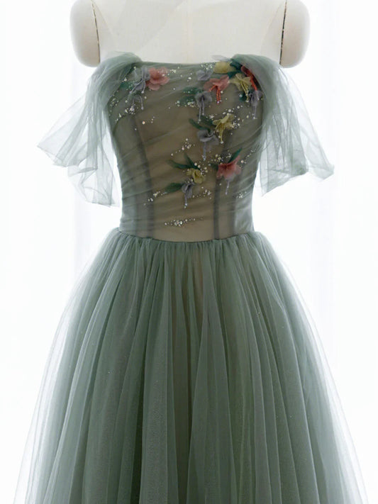 A-Line Green Tulle Long Prom Dress, Off the Shoulder Evening Party Dress TP443