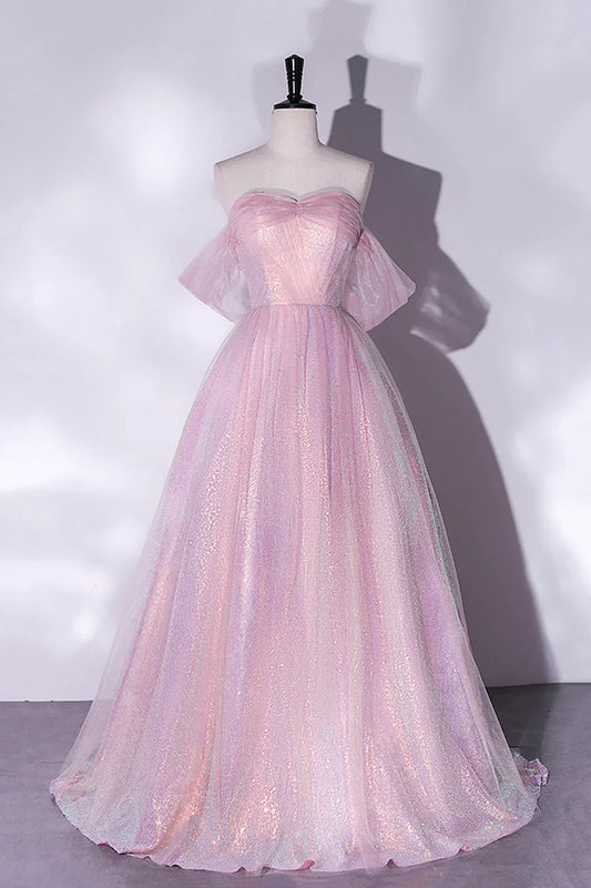 Pink Tulle Sequins Long Prom Dress, A-Line Formal Graduation Dress TP500