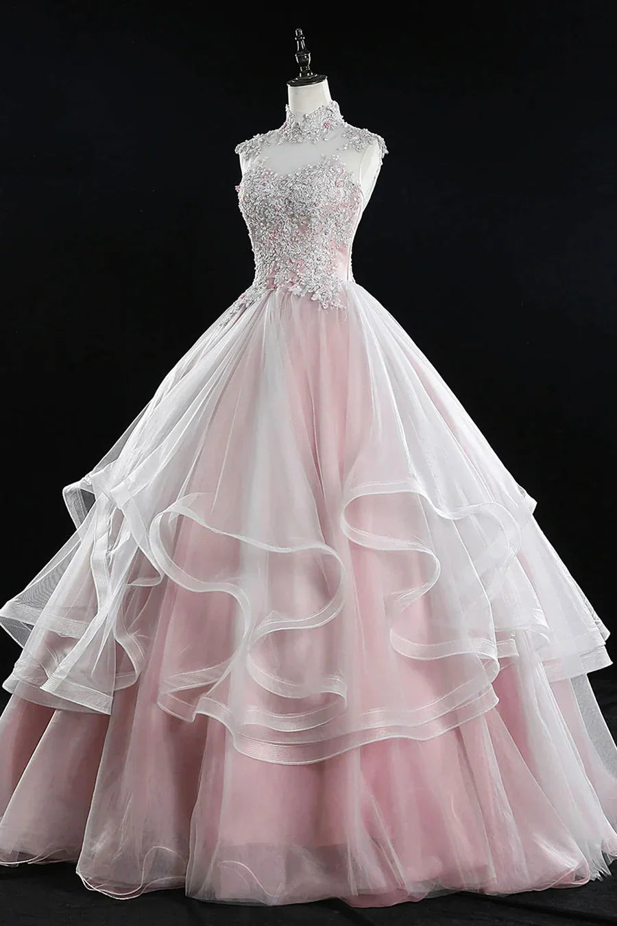 Pink Tulle Lace Sweet 16 Dresses, Long Quinceanera Dresses TP564