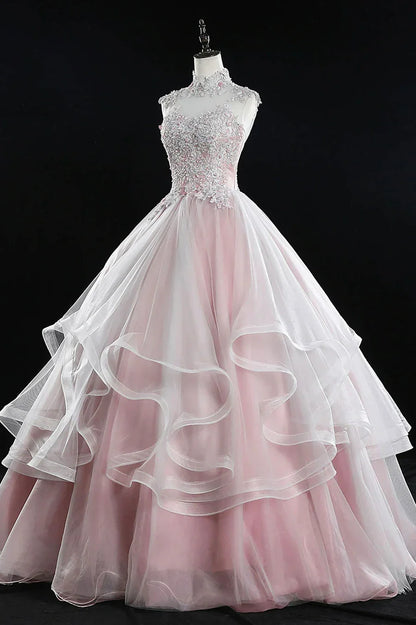 Pink Tulle Lace Sweet 16 Dresses, Long Quinceanera Dresses TP564