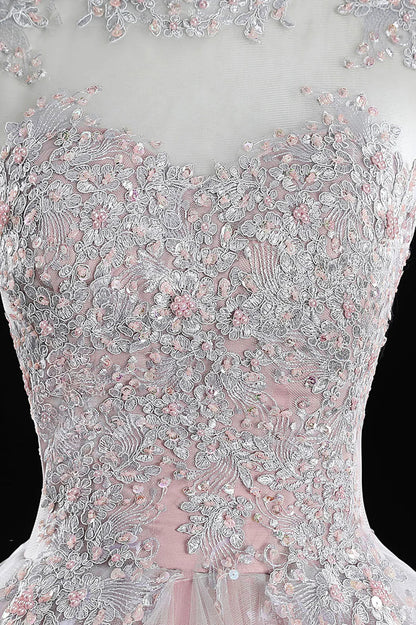 Pink Tulle Lace Sweet 16 Dresses, Long Quinceanera Dresses TP564