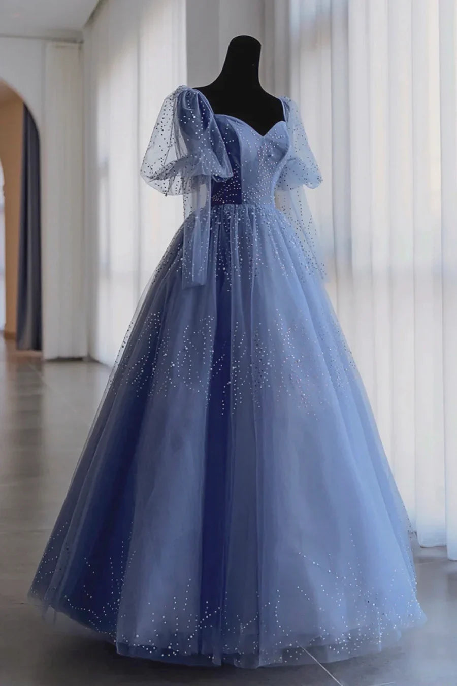 Blue Tulle Beading Long Prom Dresses, A-Line Evening Dresses TP642