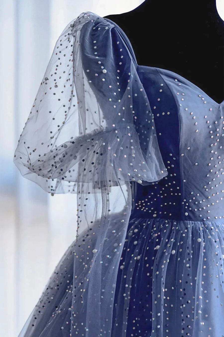 Blue Tulle Beading Long Prom Dresses, A-Line Evening Dresses TP642