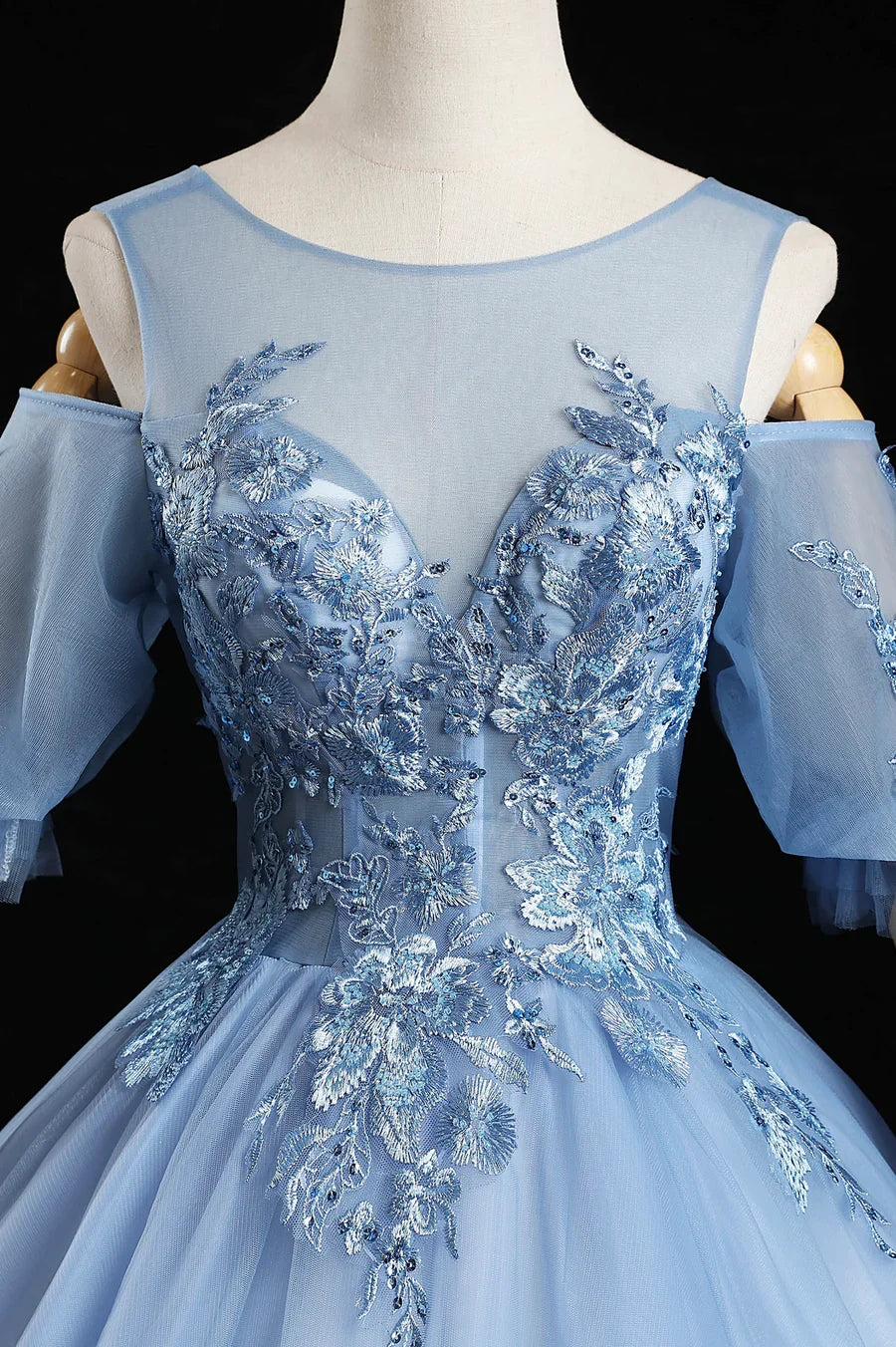Blue Lace Long A-Line Prom Dresses, Blue Evening Dresses TP660