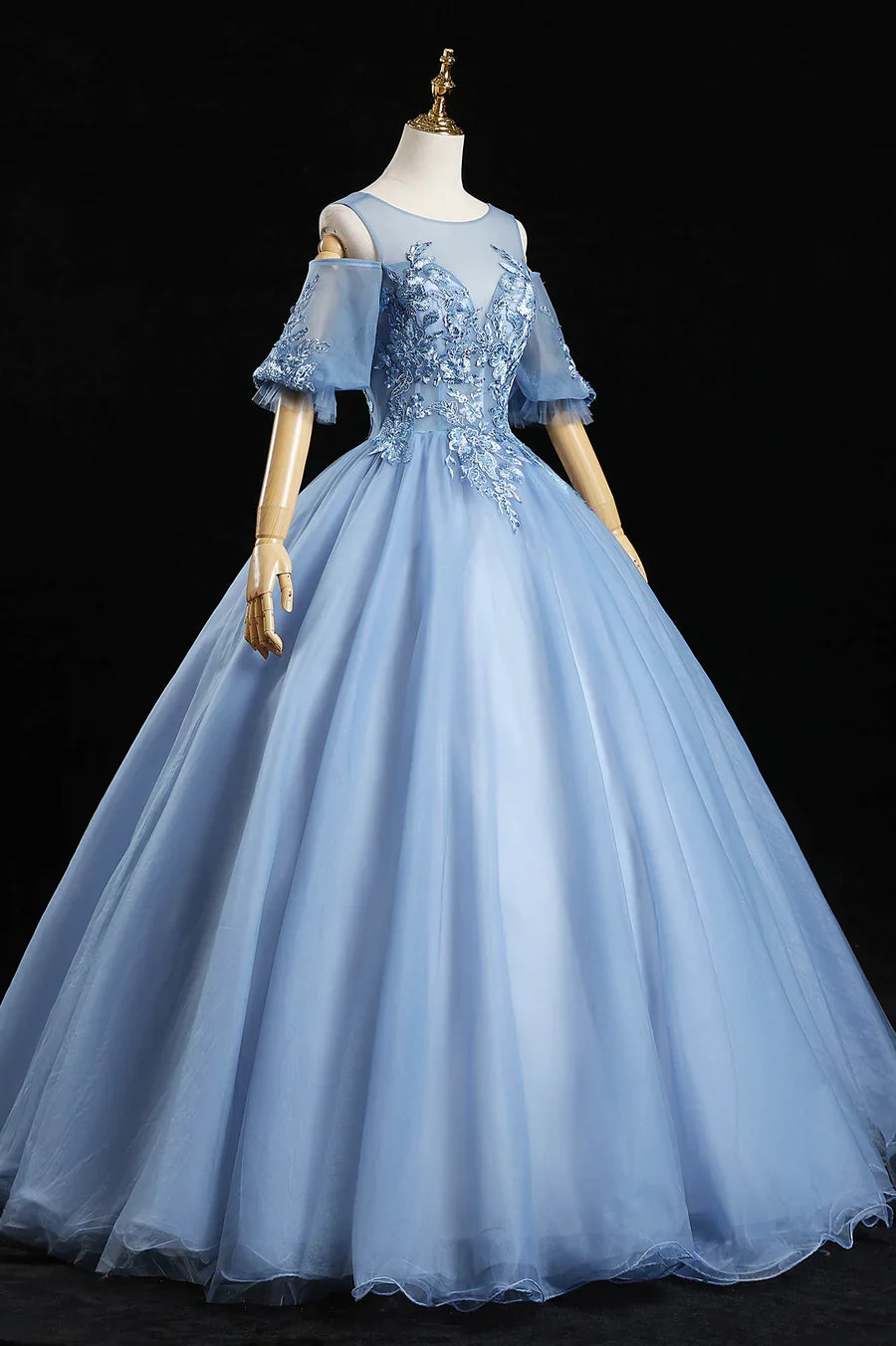 Blue Lace Long A-Line Prom Dresses, Blue Evening Dresses TP660