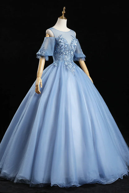 Blue Lace Long A-Line Prom Dresses, Blue Evening Dresses TP660