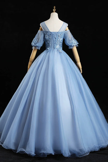 Blue Lace Long A-Line Prom Dresses, Blue Evening Dresses TP660
