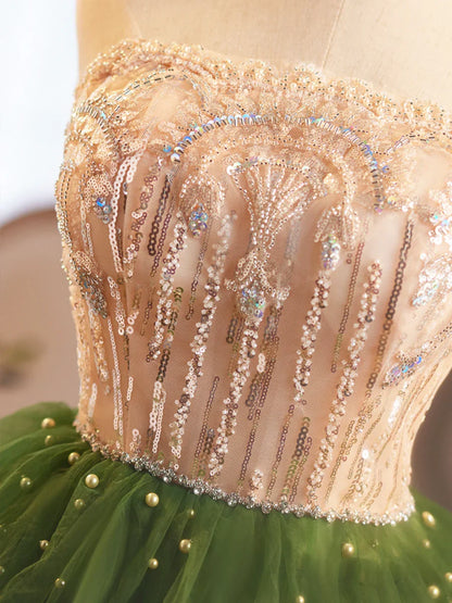 Green Tulle Layer Knee Length Prom Dress, A-Line Strapless Evening Party Dress TP774
