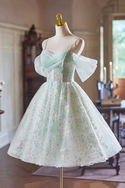Green Tulle Knee Length A-Line Party Dress, Lovely Off the Shoulder Evening Dress TP782