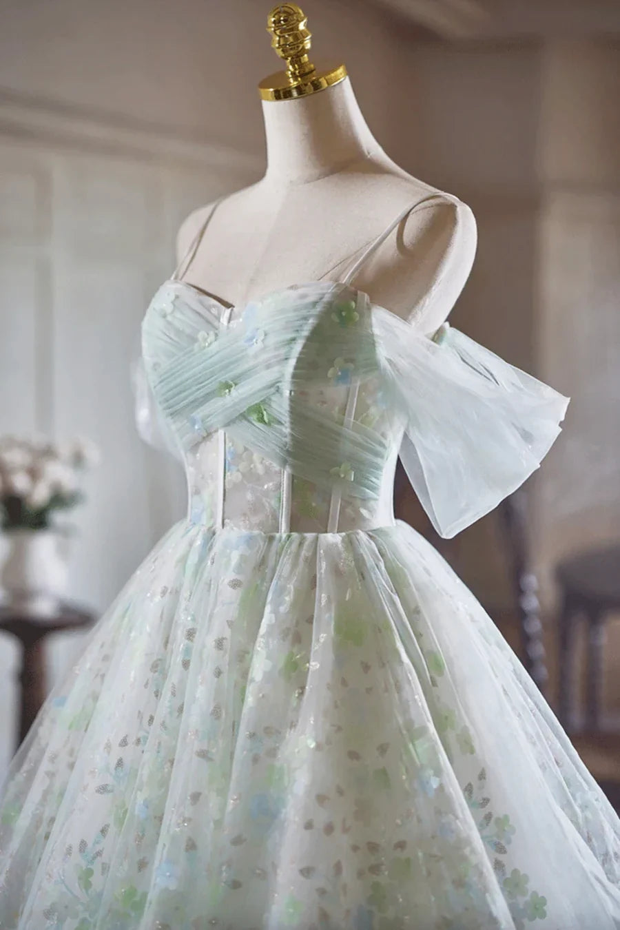 Green Tulle Knee Length A-Line Party Dress, Lovely Off the Shoulder Evening Dress TP782