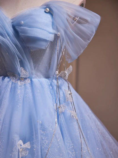 Blue Tulle Short A-Line Prom Dress, Lovely Off the Shoulder Party Dress TP783