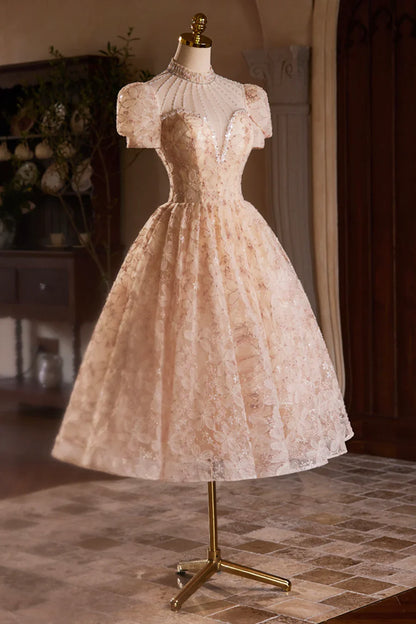 Cute Tulle Flower Tea Length Prom Dress, Beautiful Short Sleeve A-Line Evening Party Dress TP814