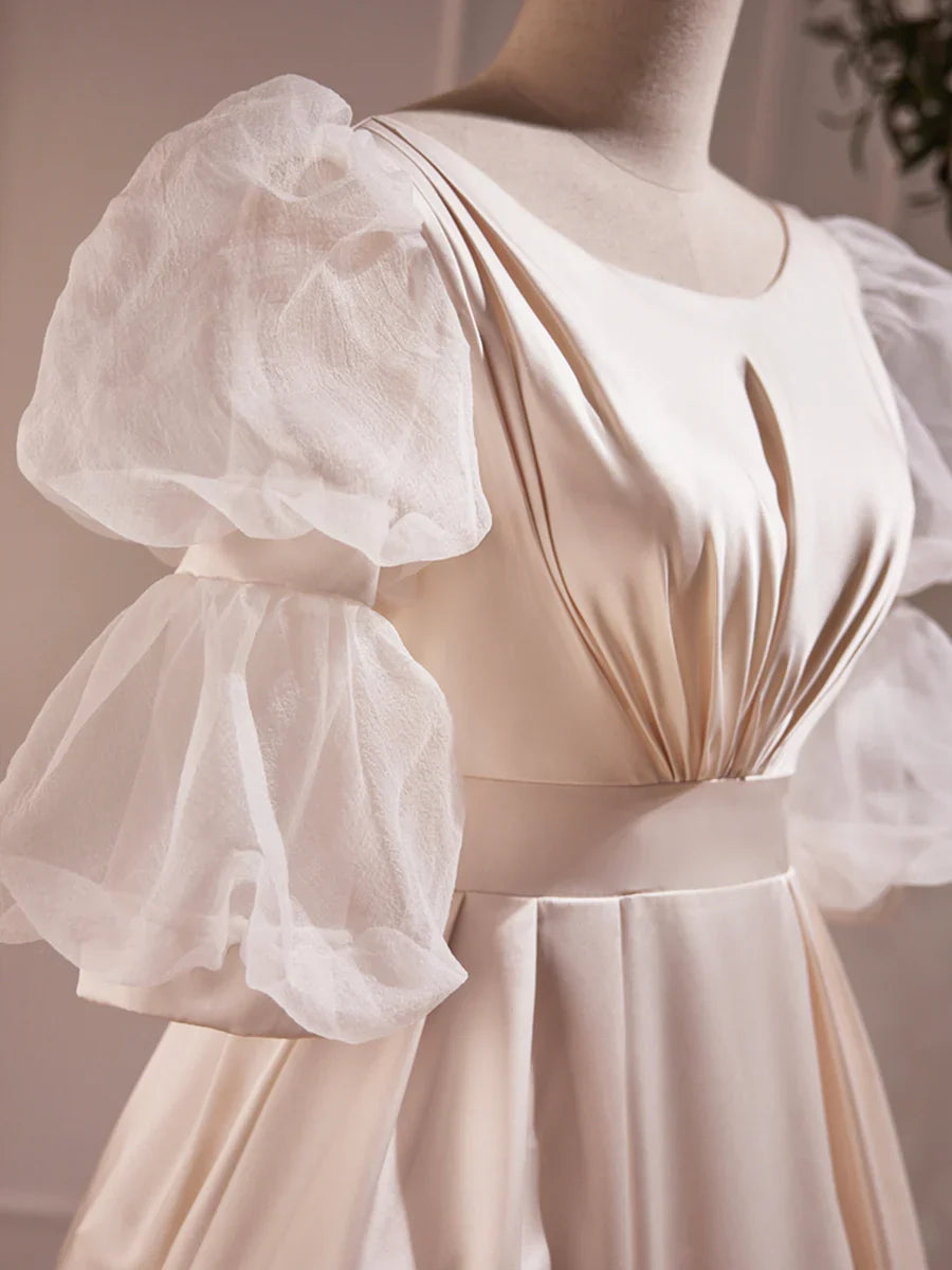 Beautiful Scoop Neck Tea Length Prom Dress, A-Line Puffy Short Sleeve Backless Party Dress TP832