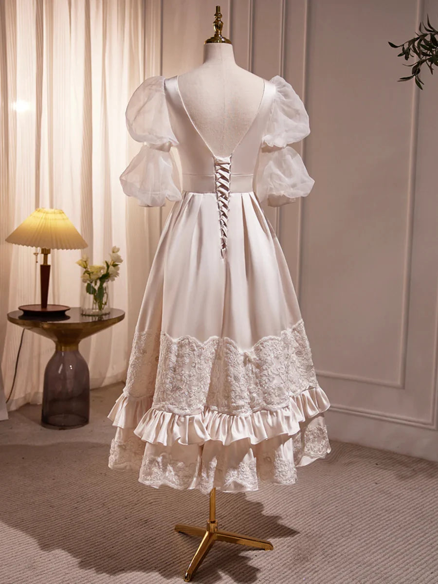 Beautiful Scoop Neck Tea Length Prom Dress, A-Line Puffy Short Sleeve Backless Party Dress TP832