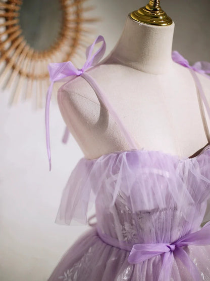 Lovely Spaghetti Strap Tulle Lace Short Prom Dress, Lavender A-Line Party Dress TP834