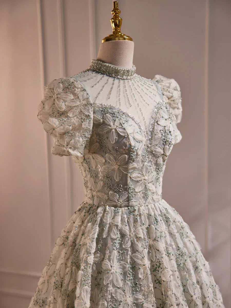 Beautiful Beading Pearl Sequins Green Prom Dresses, High Neckline Tea Length Sage Green Party Dress TP836