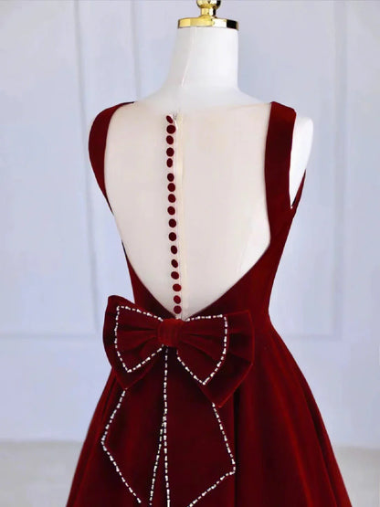 Burgundy Tea Length Velvet Prom Dress with Bowknot, Burgundy Evening Party Dress TP839