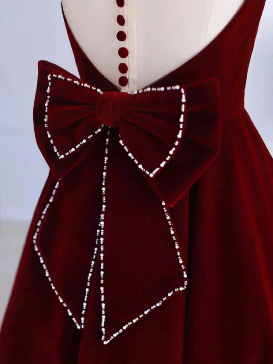 Burgundy Tea Length Velvet Prom Dress with Bowknot, Burgundy Evening Party Dress TP839