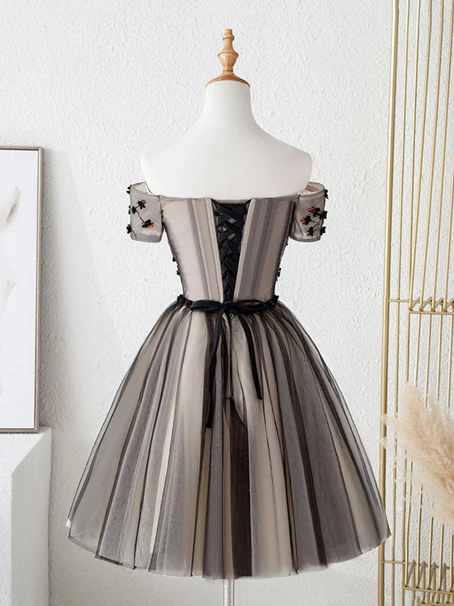 Cute Tulle Short Prom Dress with Flowers, Black Tulle Party Dress TP855
