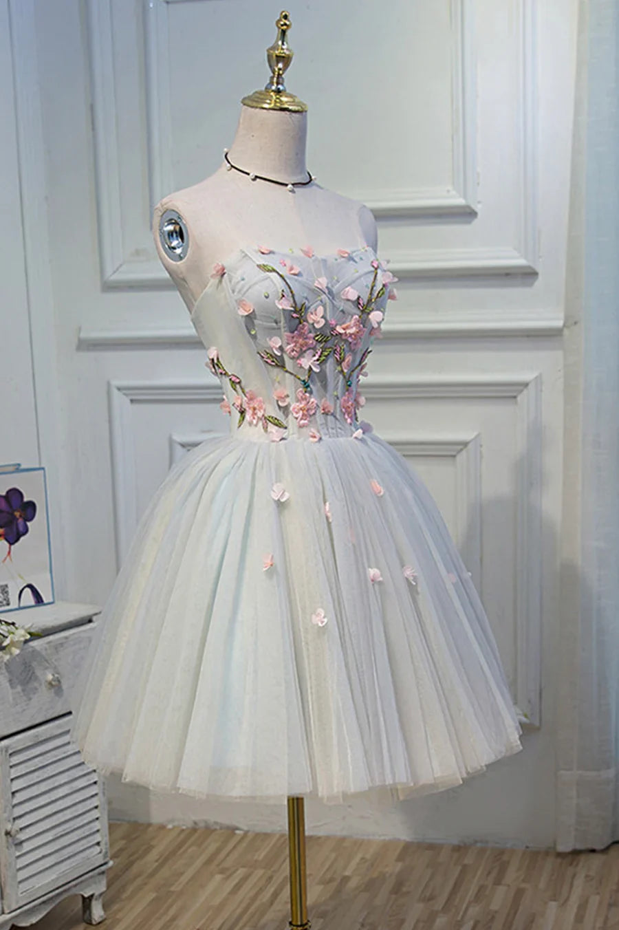 Lovely Strapless Tulle Lace Knee Length Prom Dress, A-Line Party Dress TP875