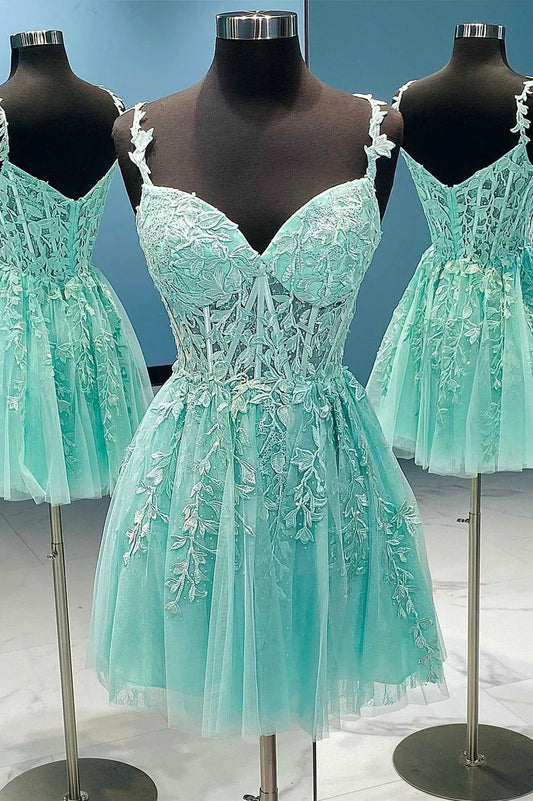 A-Line Tulle Lace Short Prom Dress, Cute Spaghetti Strap Party Dress TP878