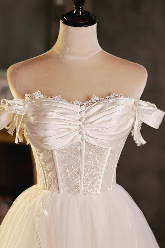 A-Line Tulle Short Prom Dress, Cute Champagne Off the Shoulder Party Dresses TP897