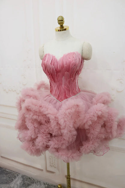 Pink Sweetheart Neck Short Prom Dress, A Line Party Dress with Feather TP904