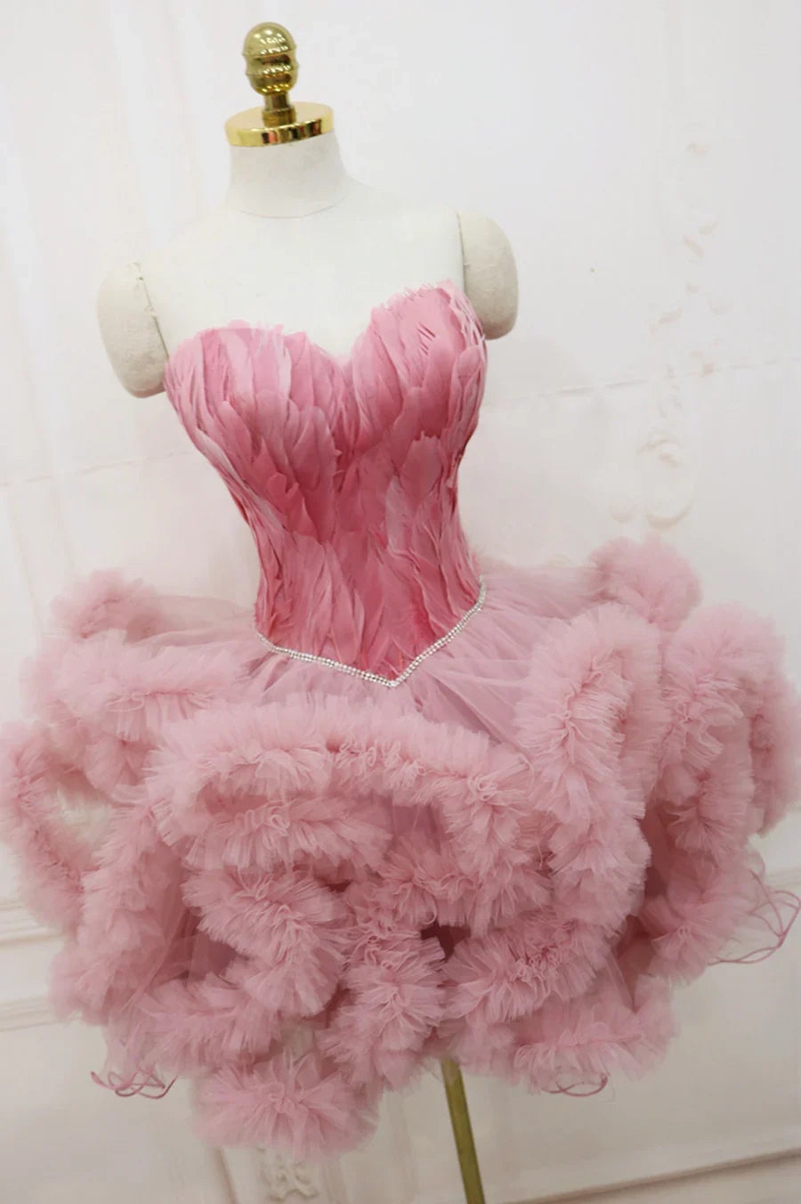 Pink Sweetheart Neck Short Prom Dress, A Line Party Dress with Feather TP904