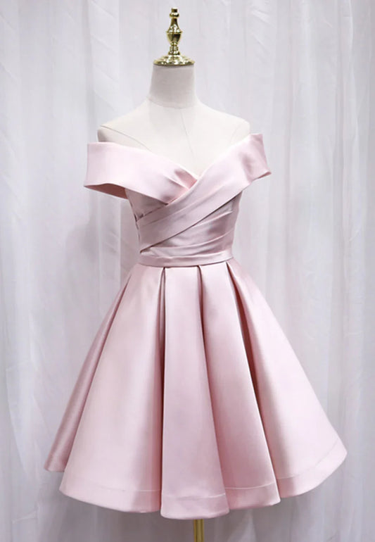 A-Line Satin Off the Shoulder Short Prom Dress, Mini Evening Party Dress TP929