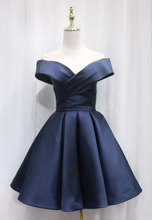 A-Line Satin Off the Shoulder Short Prom Dress, Mini Evening Party Dress TP929