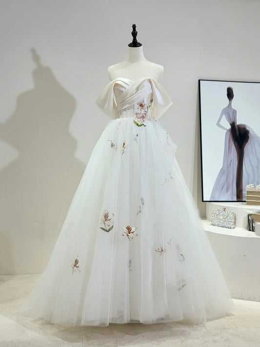 Beautiful Tulle Floral Lace Long Off-the-Shoulder Wedding Dress TP936