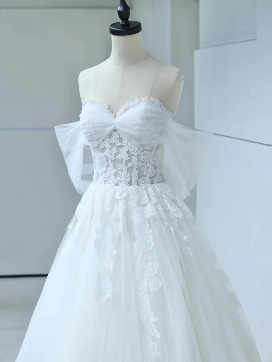 White Tulle Lace Corset Off-the-Shoulder Sweetheart Wedding Dress TP943