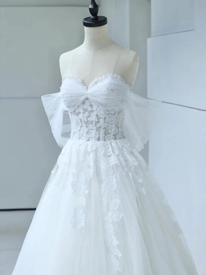 White Tulle Lace Corset Off-the-Shoulder Sweetheart Wedding Dress TP943