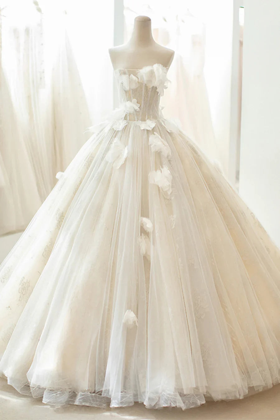 Champagne Tulle Lace Long A-Line Wedding dress TP954