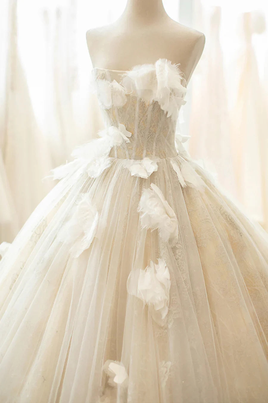 Champagne Tulle Lace Long A-Line Wedding dress TP954